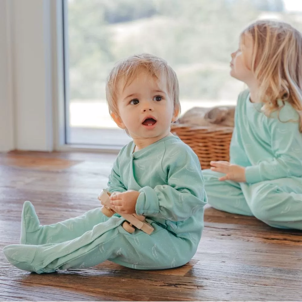 100% Organic Cotton Crossover Baby Sleepsuit with Feet - Sage Green Tiny Whales