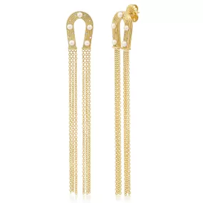 14K Yellow Gold Reeded Gold Pearl and Diamond Tassel Horseshoe Earrings