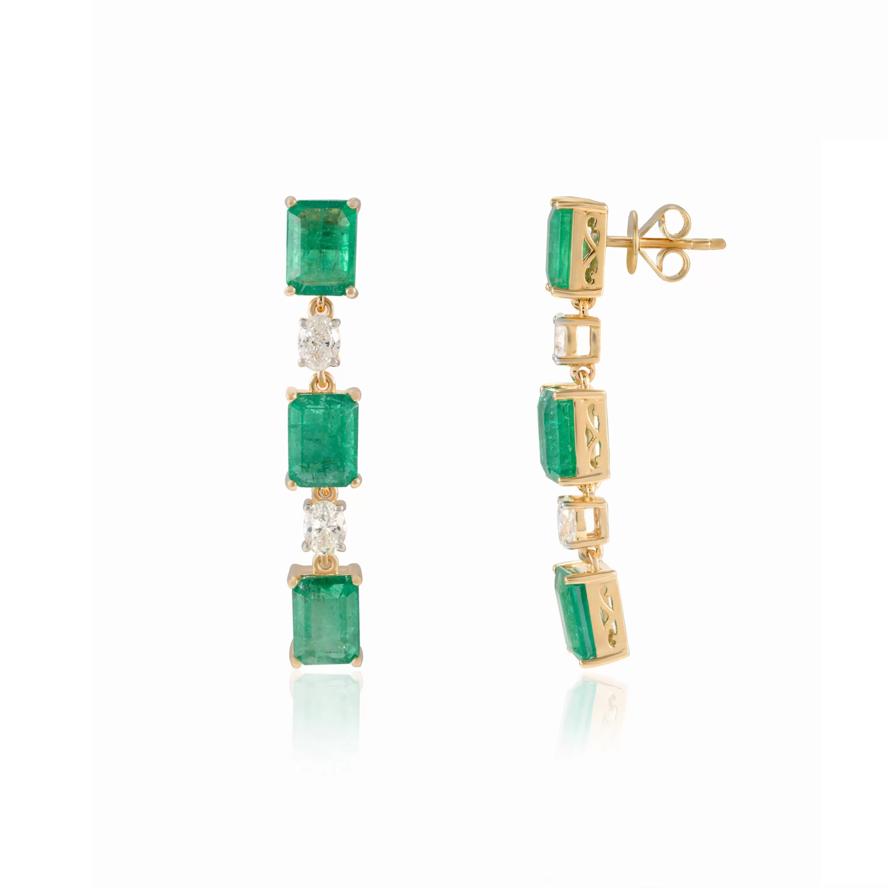 18K Gold Octagon Cut Emerald Diamond Drop Earrings