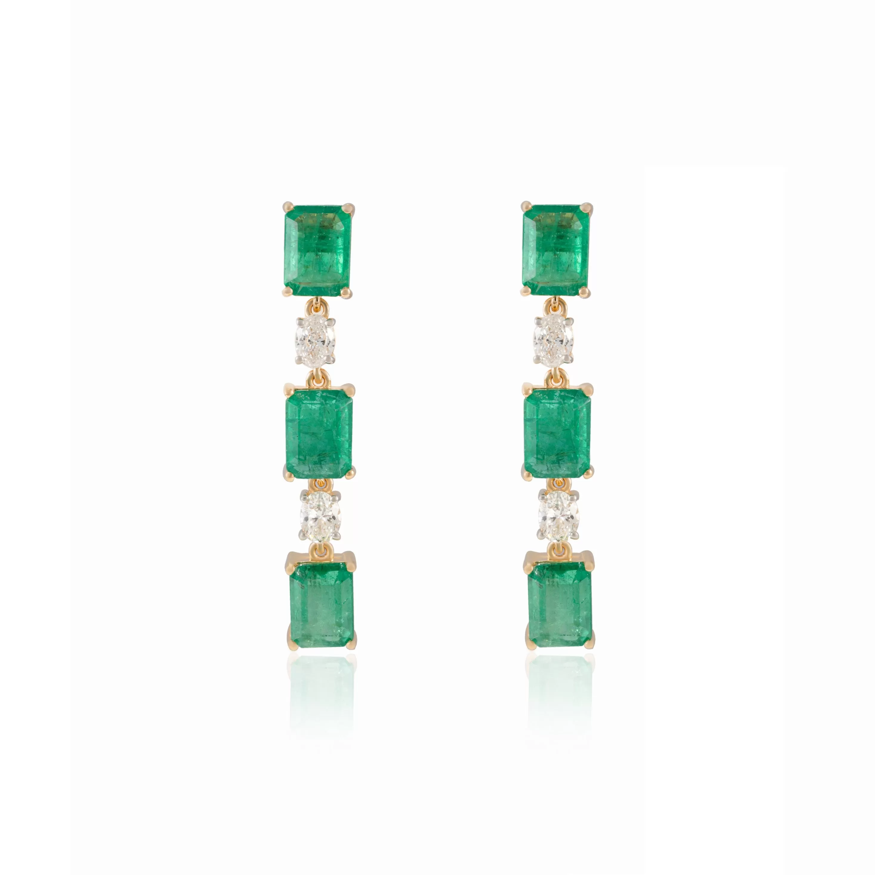 18K Gold Octagon Cut Emerald Diamond Drop Earrings