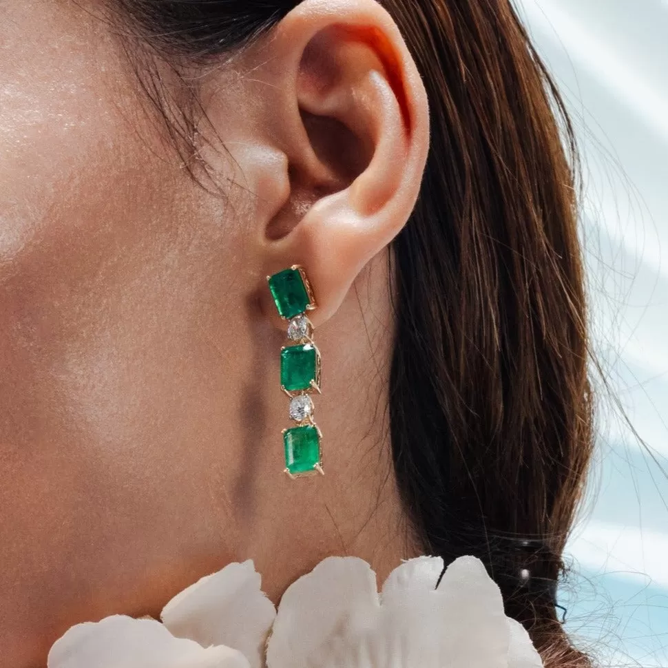 18K Gold Octagon Cut Emerald Diamond Drop Earrings