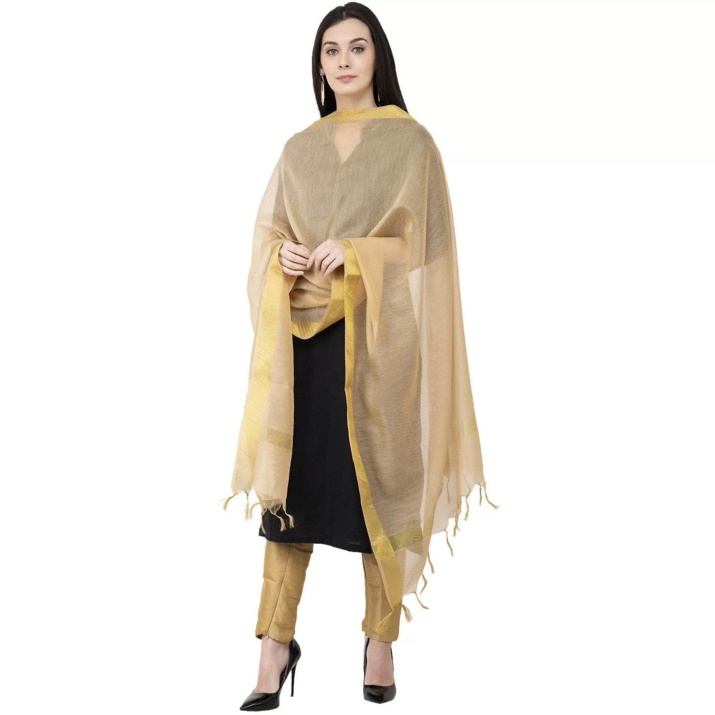 A R Silk Chanderi Chhoda Patta Regular Dupatta Golden Color Dupatta or Chunni