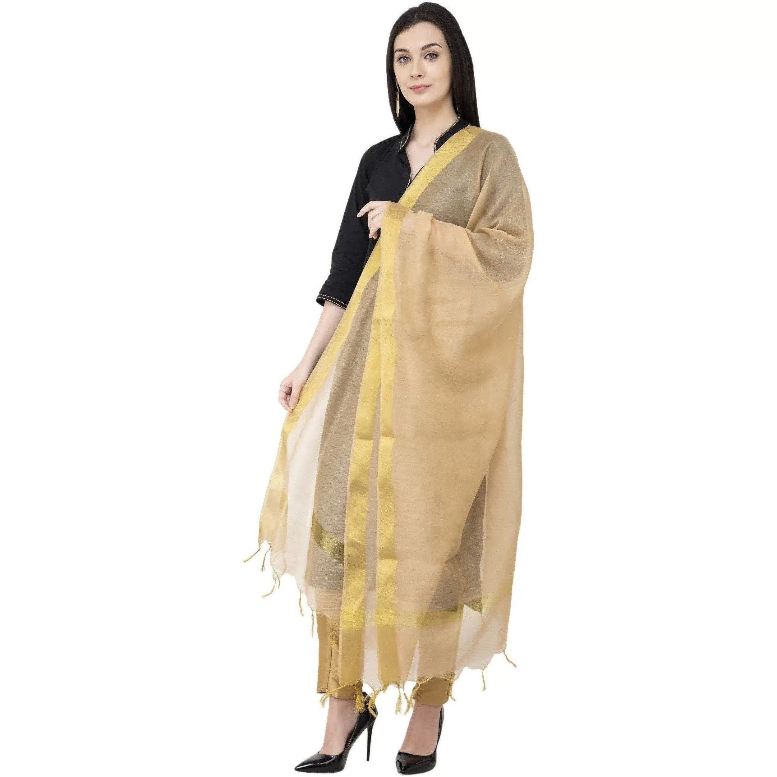 A R Silk Chanderi Chhoda Patta Regular Dupatta Golden Color Dupatta or Chunni