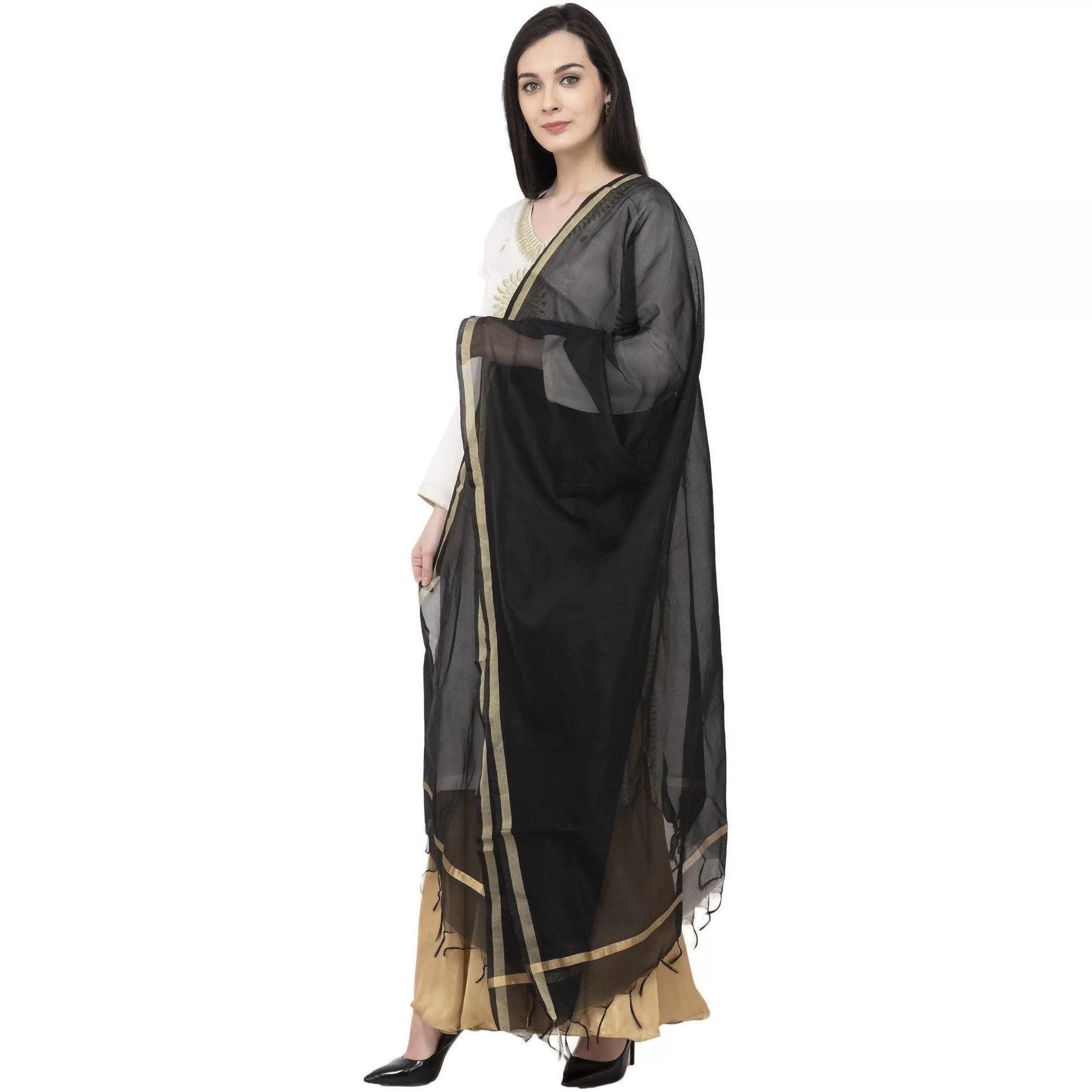 A R Silk Chanderi Piping Regular Dupatta Black Color Dupatta or Chunni