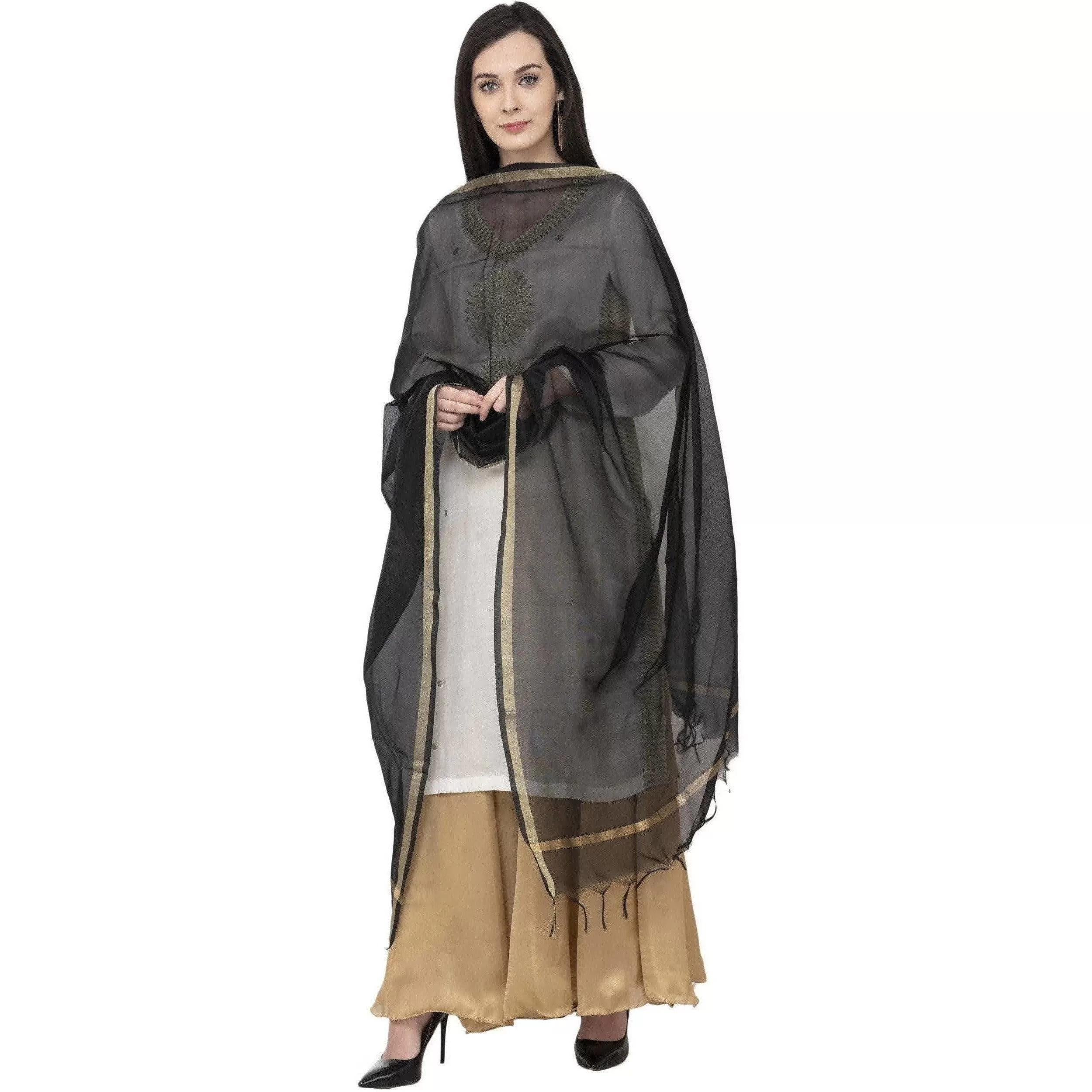 A R Silk Chanderi Piping Regular Dupatta Black Color Dupatta or Chunni