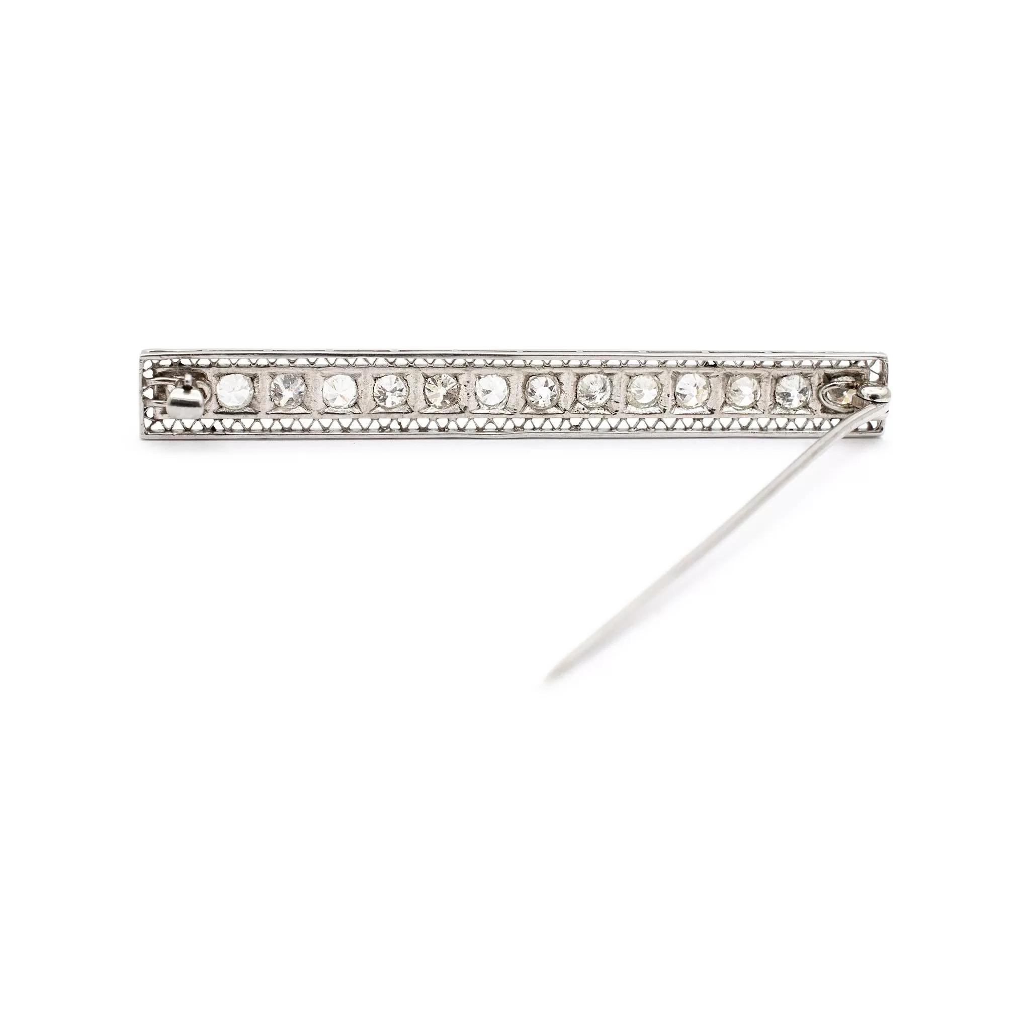 Antique Filigreed Art Deco Platinum & 14K White Gold Old European Diamond Bar Brooch