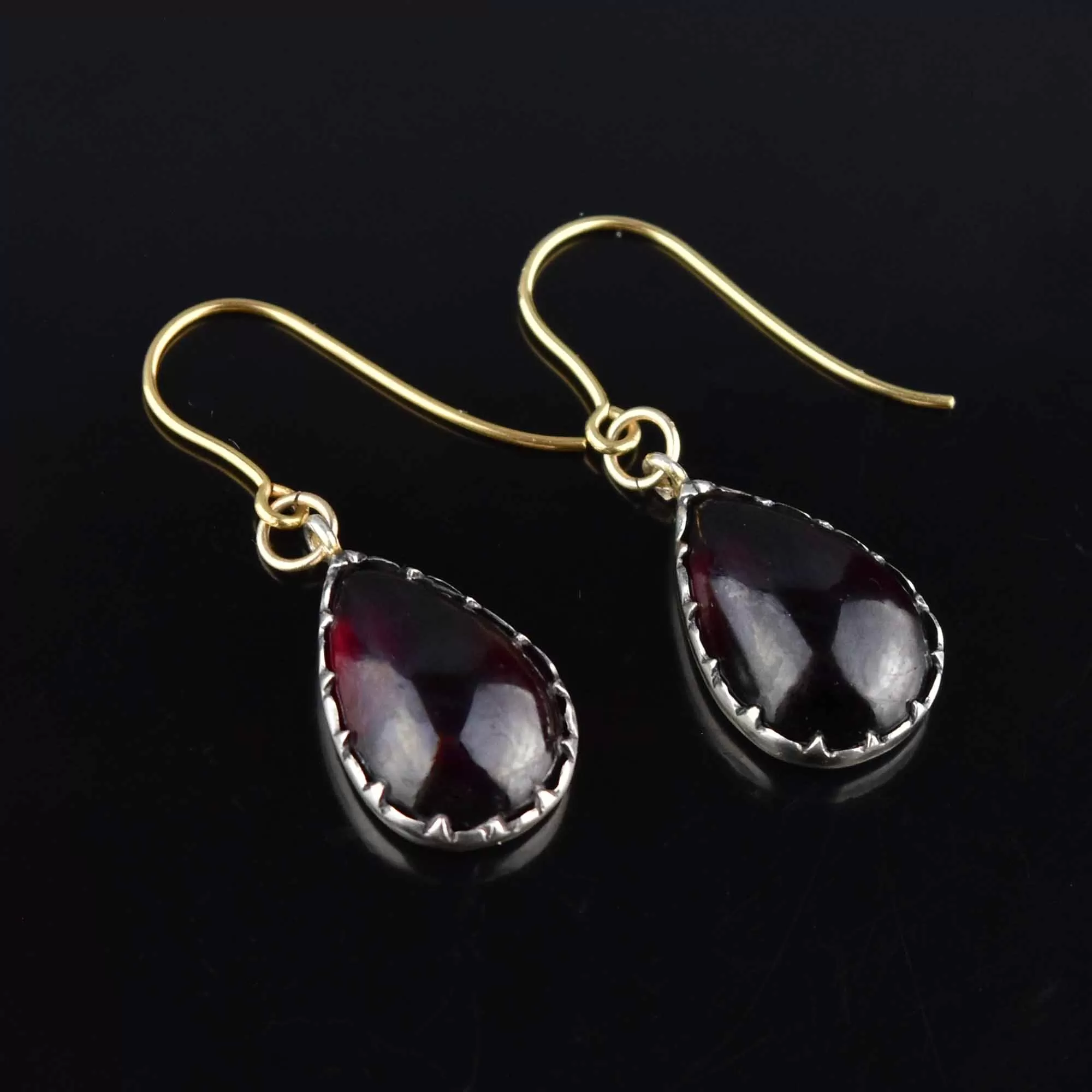 Antique Pear Cabochon Garnet Earrings, Pierced Dangle