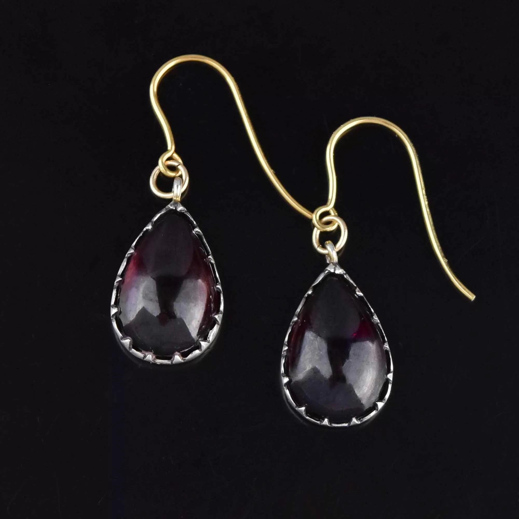 Antique Pear Cabochon Garnet Earrings, Pierced Dangle