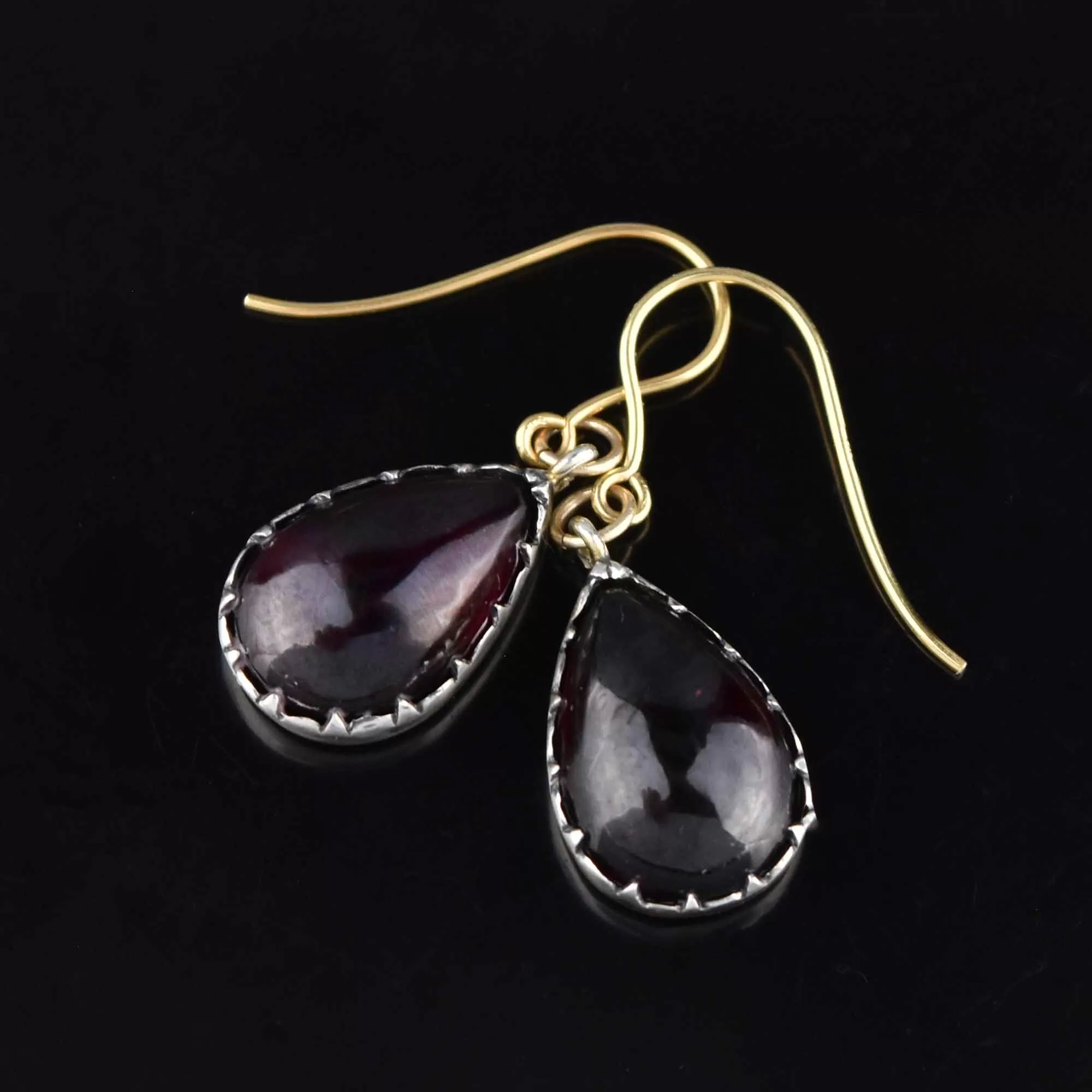 Antique Pear Cabochon Garnet Earrings, Pierced Dangle