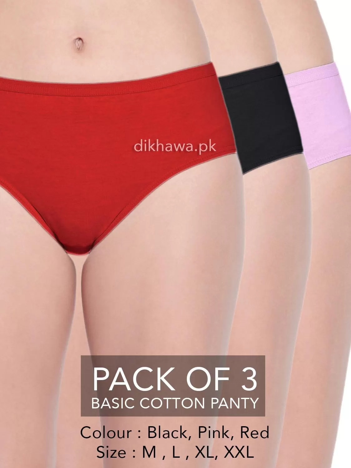 Basic Cotton Panty Pack of 3 - FL-519 - Black Pink & Red