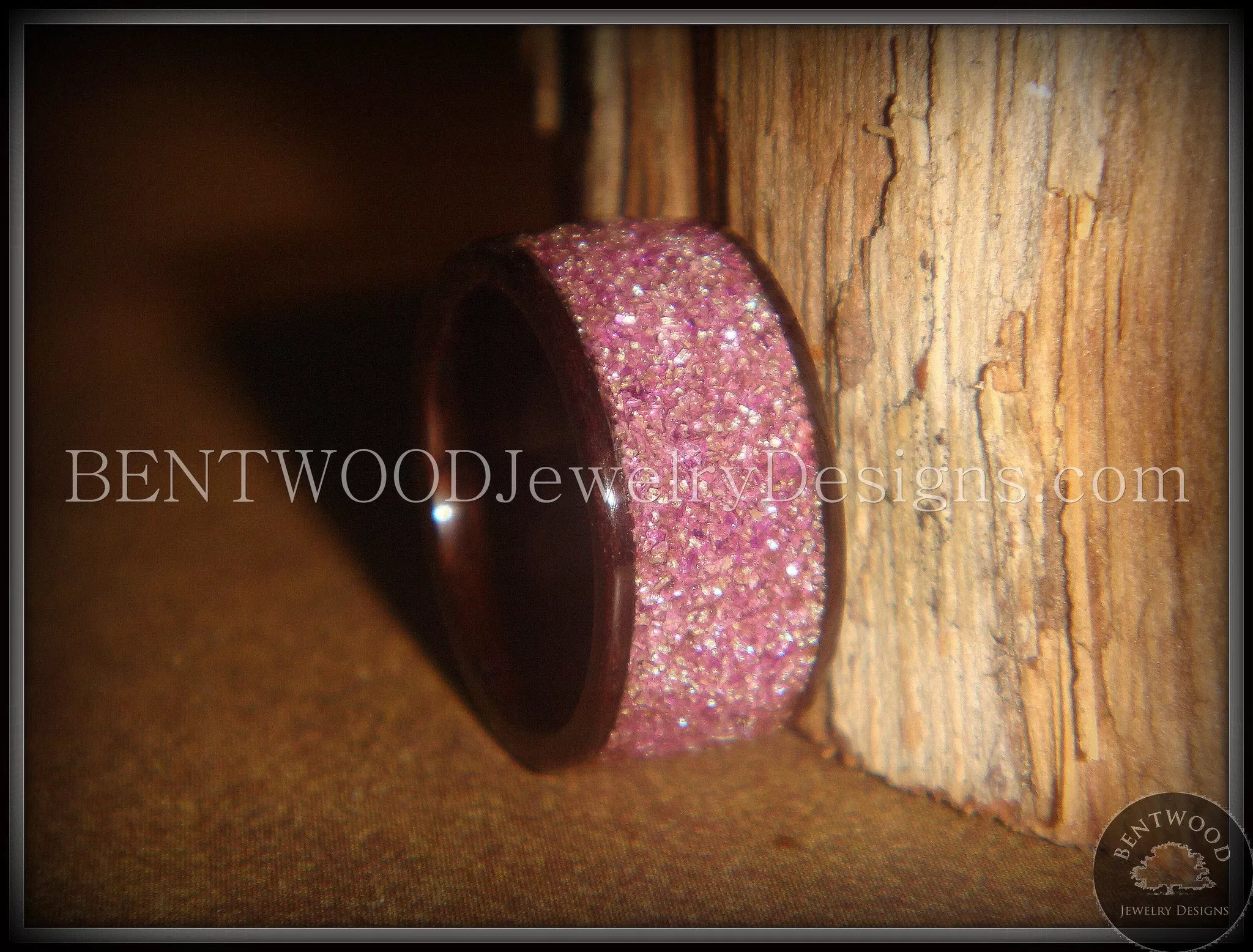 Bentwood Ring - Macassar Ebony Wood Ring with Crushed Lilac Glass Inlay