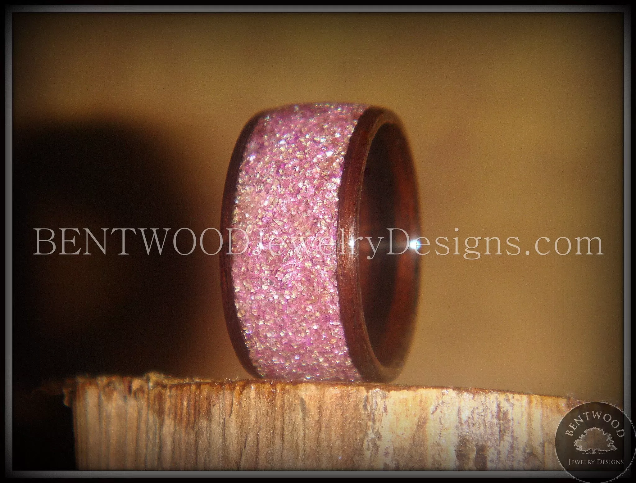 Bentwood Ring - Macassar Ebony Wood Ring with Crushed Lilac Glass Inlay