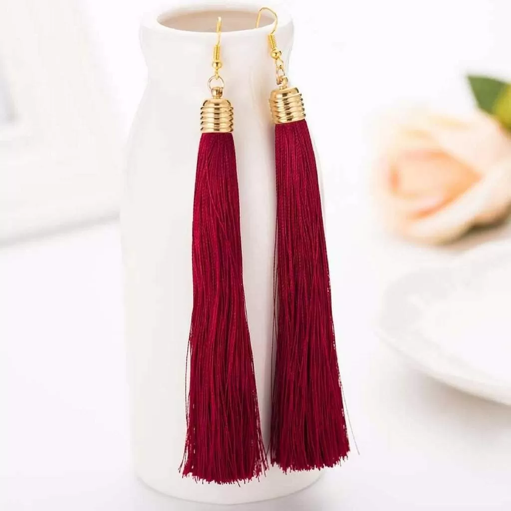 Burgundy Red Long Tassel Earrings