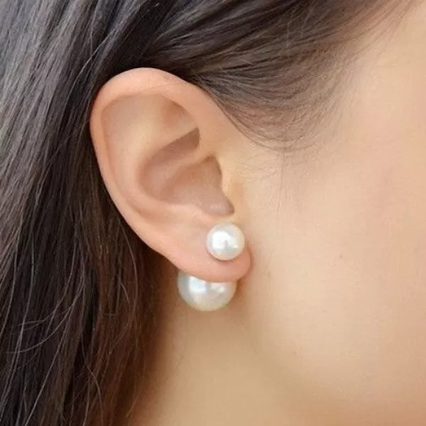 Double Sided White Round Shell Pearl with Sterling Silver Stud Earrings