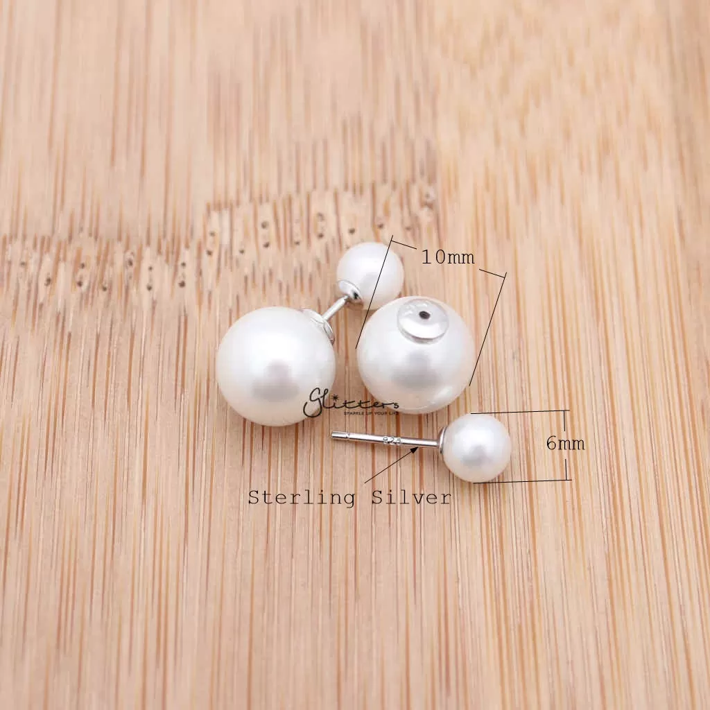 Double Sided White Round Shell Pearl with Sterling Silver Stud Earrings