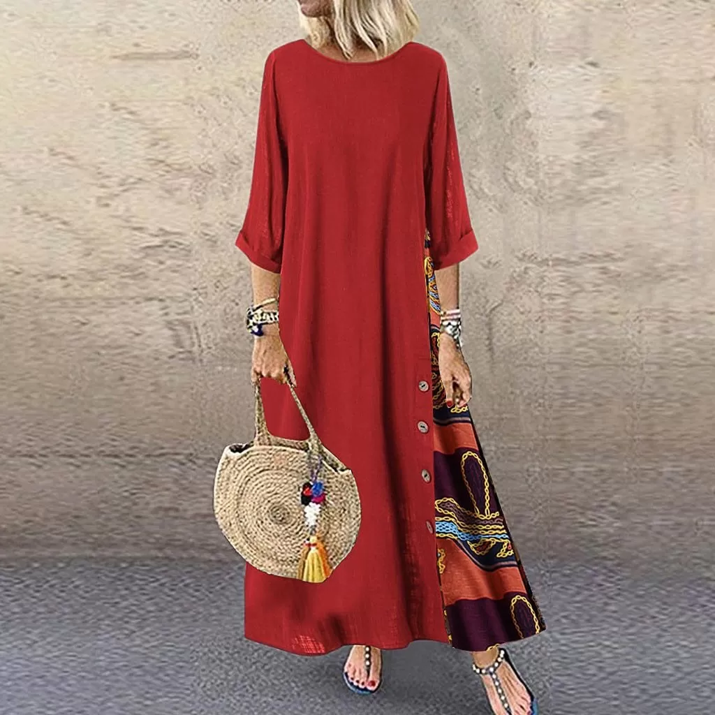 Elegant Patchwork 3/4 Sleeves O Neck Dress