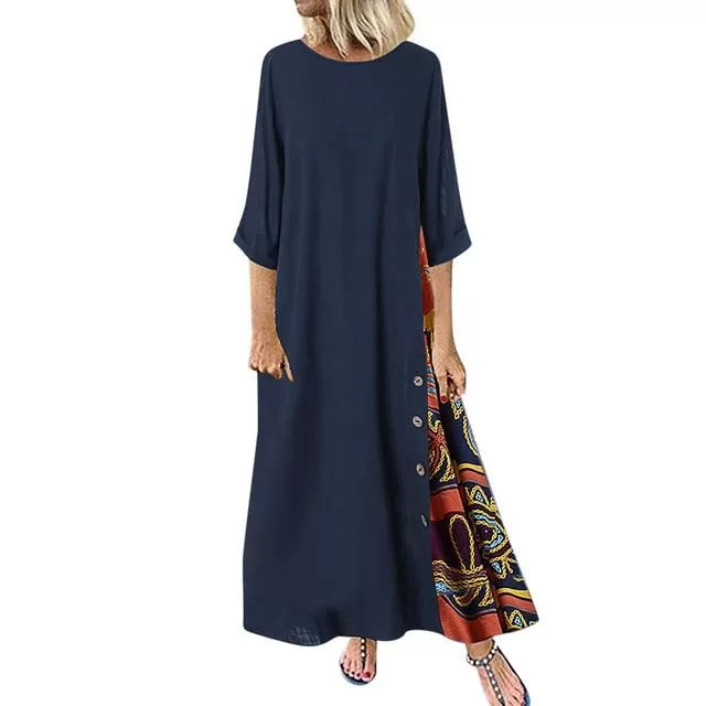 Elegant Patchwork 3/4 Sleeves O Neck Dress