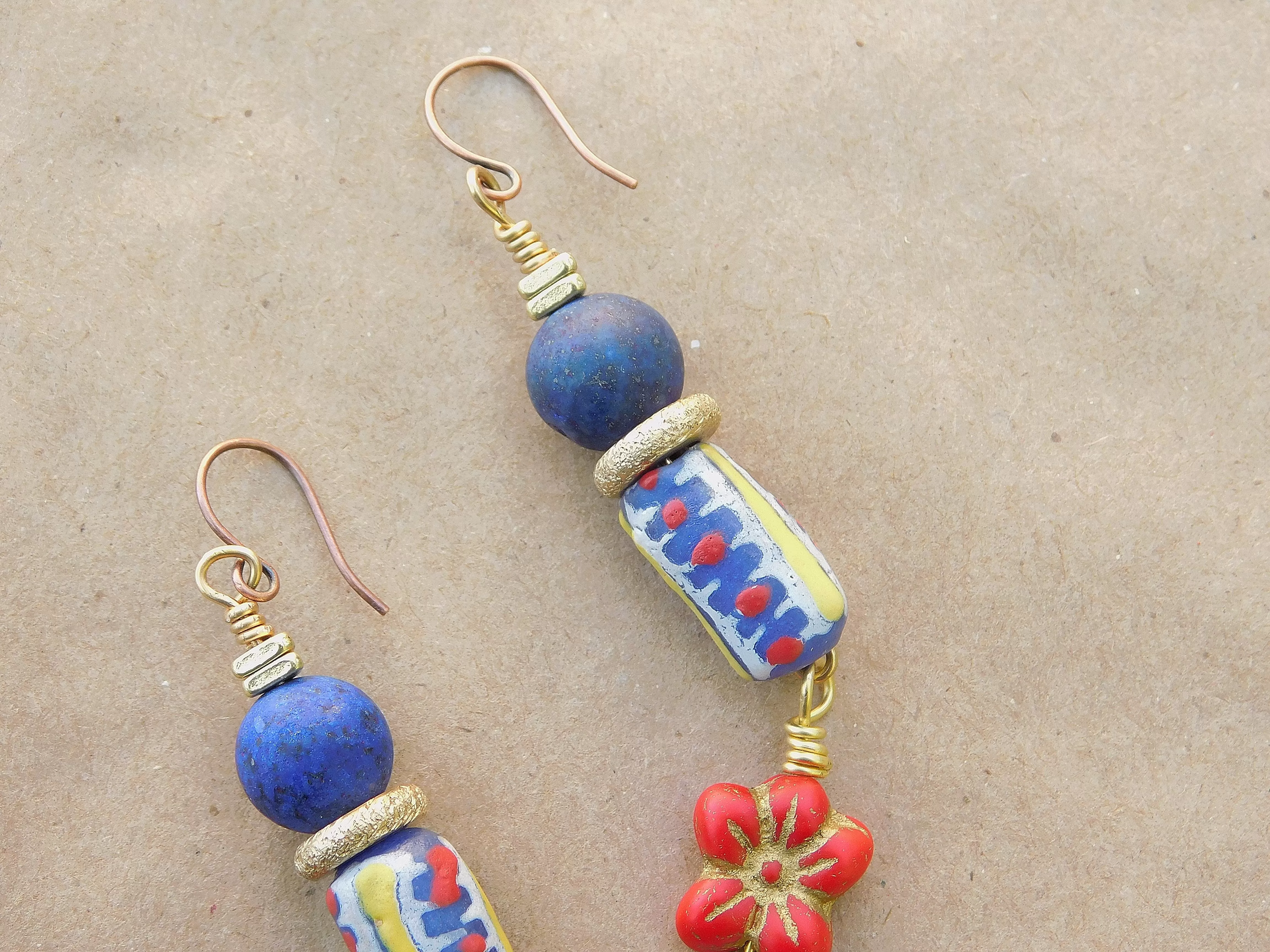 Exotic Krobo and Red Hibiscus Czech Flower Charm Earrings