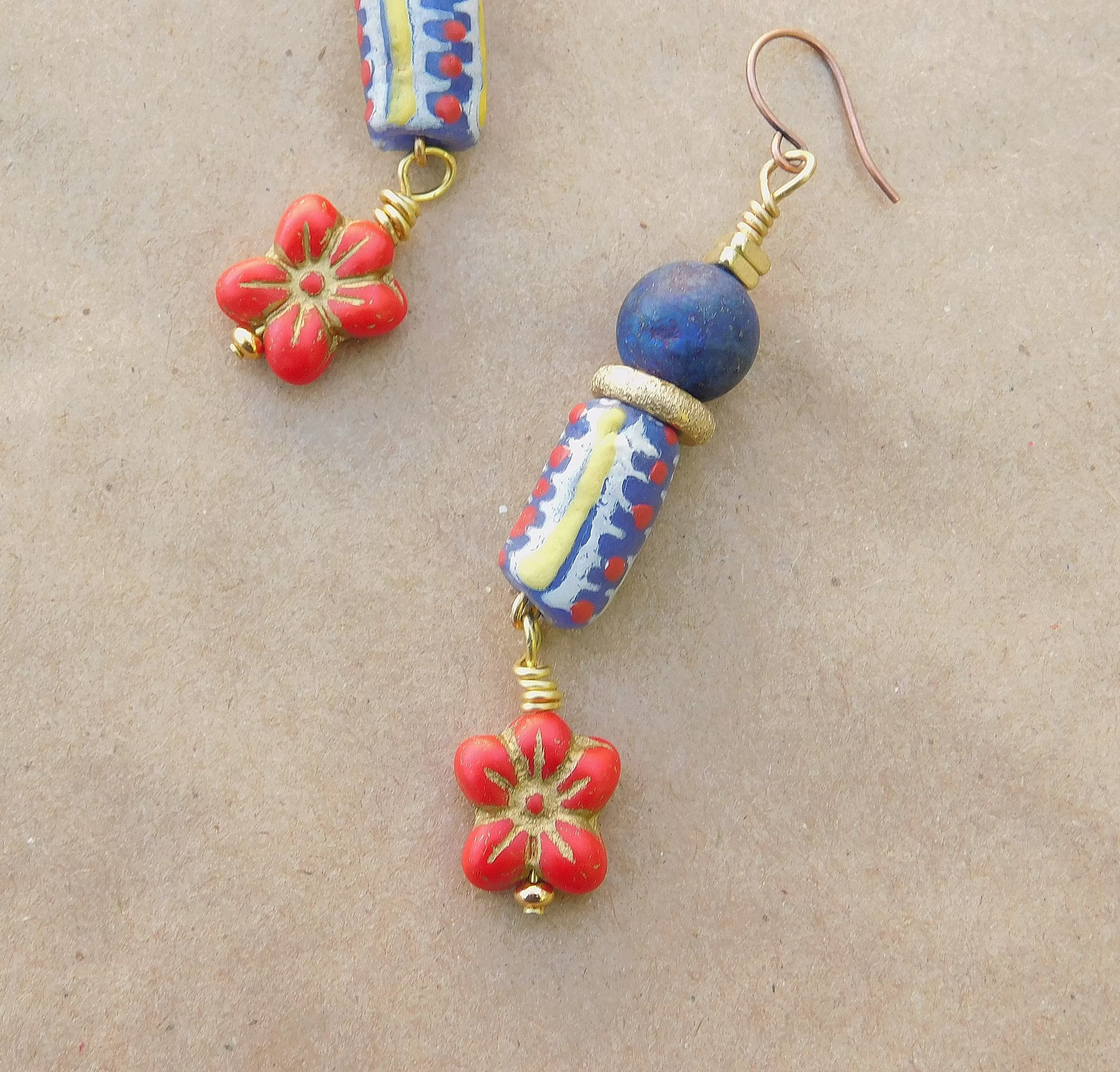 Exotic Krobo and Red Hibiscus Czech Flower Charm Earrings