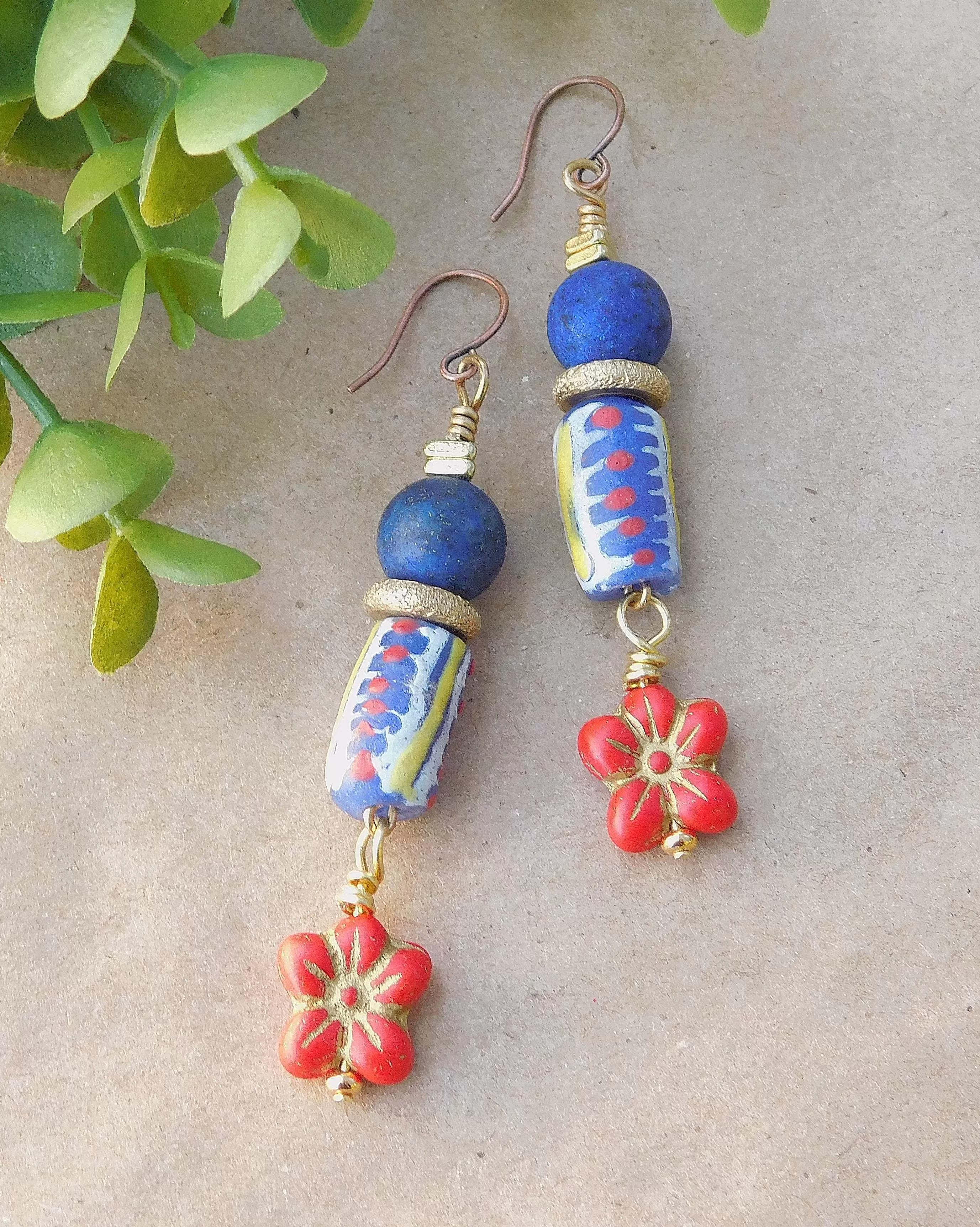 Exotic Krobo and Red Hibiscus Czech Flower Charm Earrings