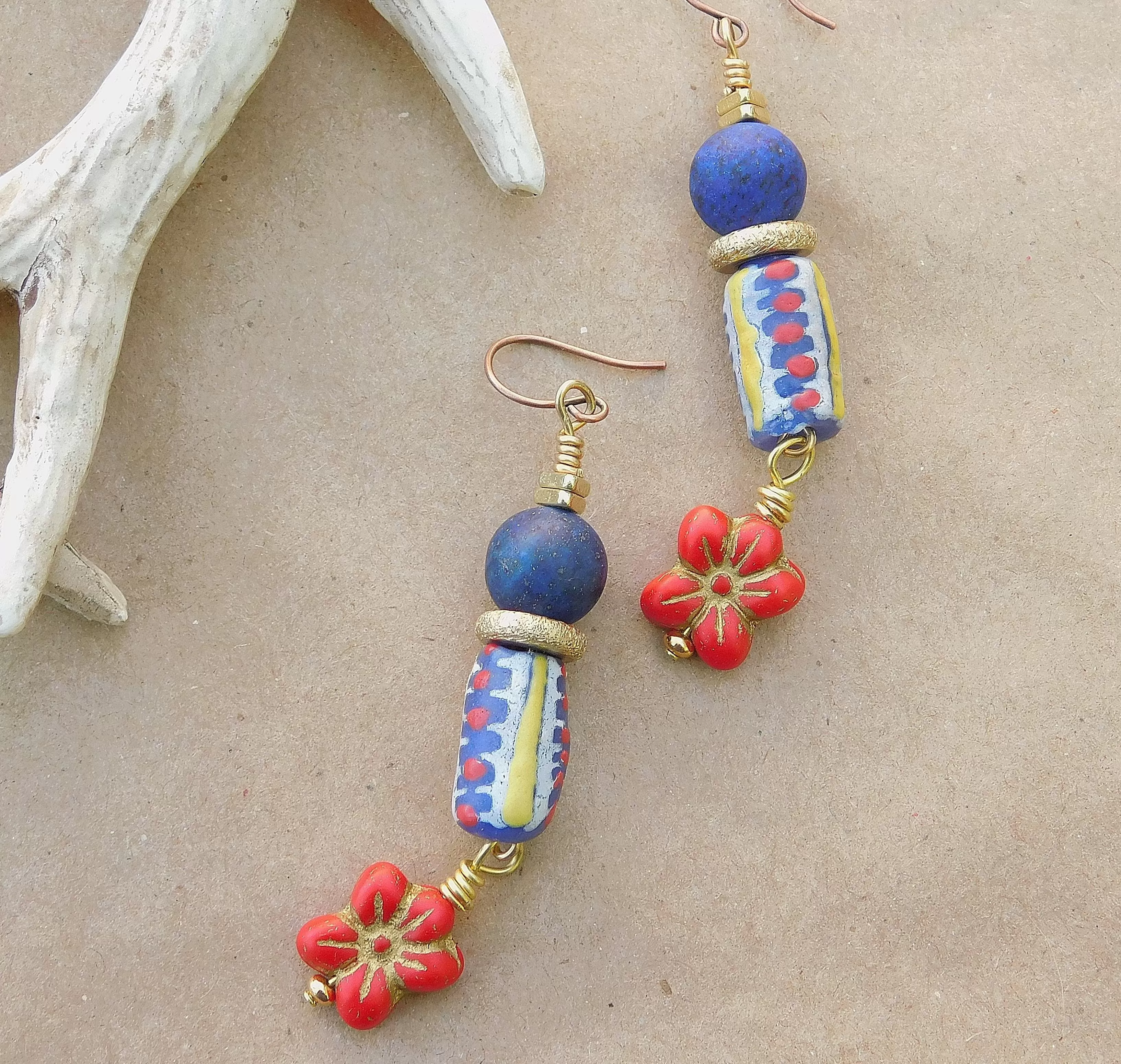 Exotic Krobo and Red Hibiscus Czech Flower Charm Earrings