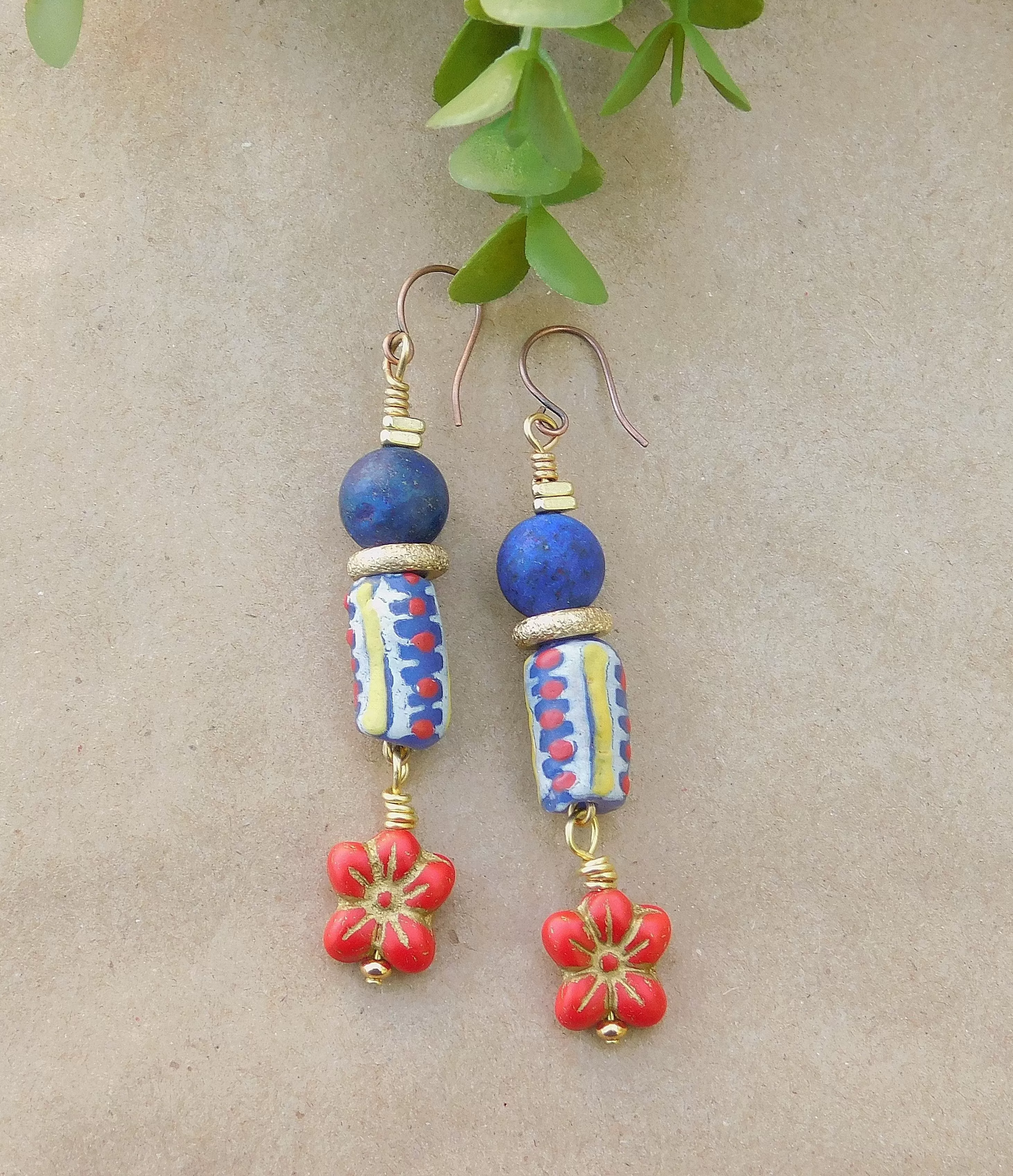 Exotic Krobo and Red Hibiscus Czech Flower Charm Earrings