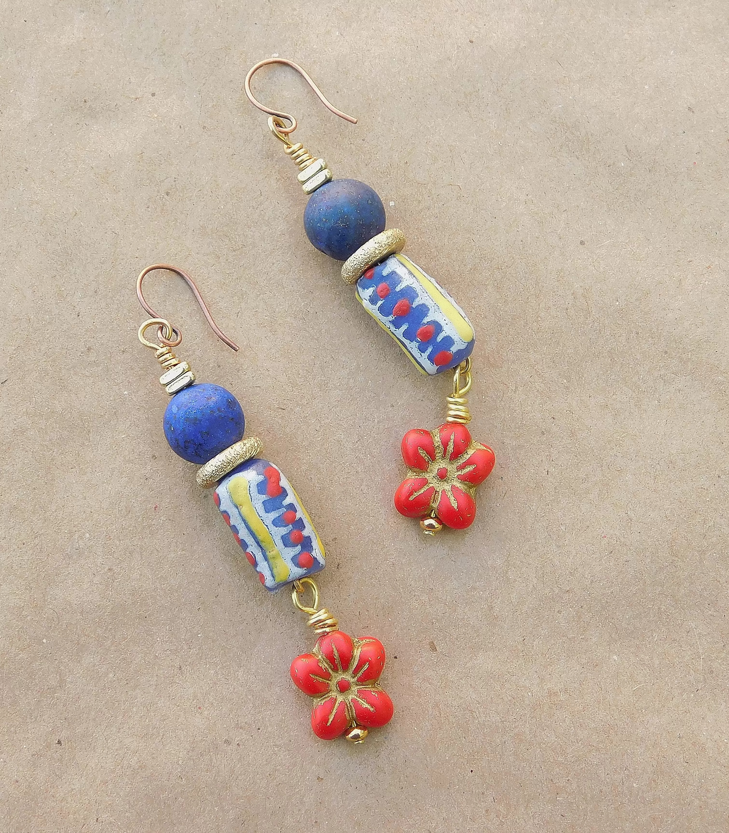 Exotic Krobo and Red Hibiscus Czech Flower Charm Earrings