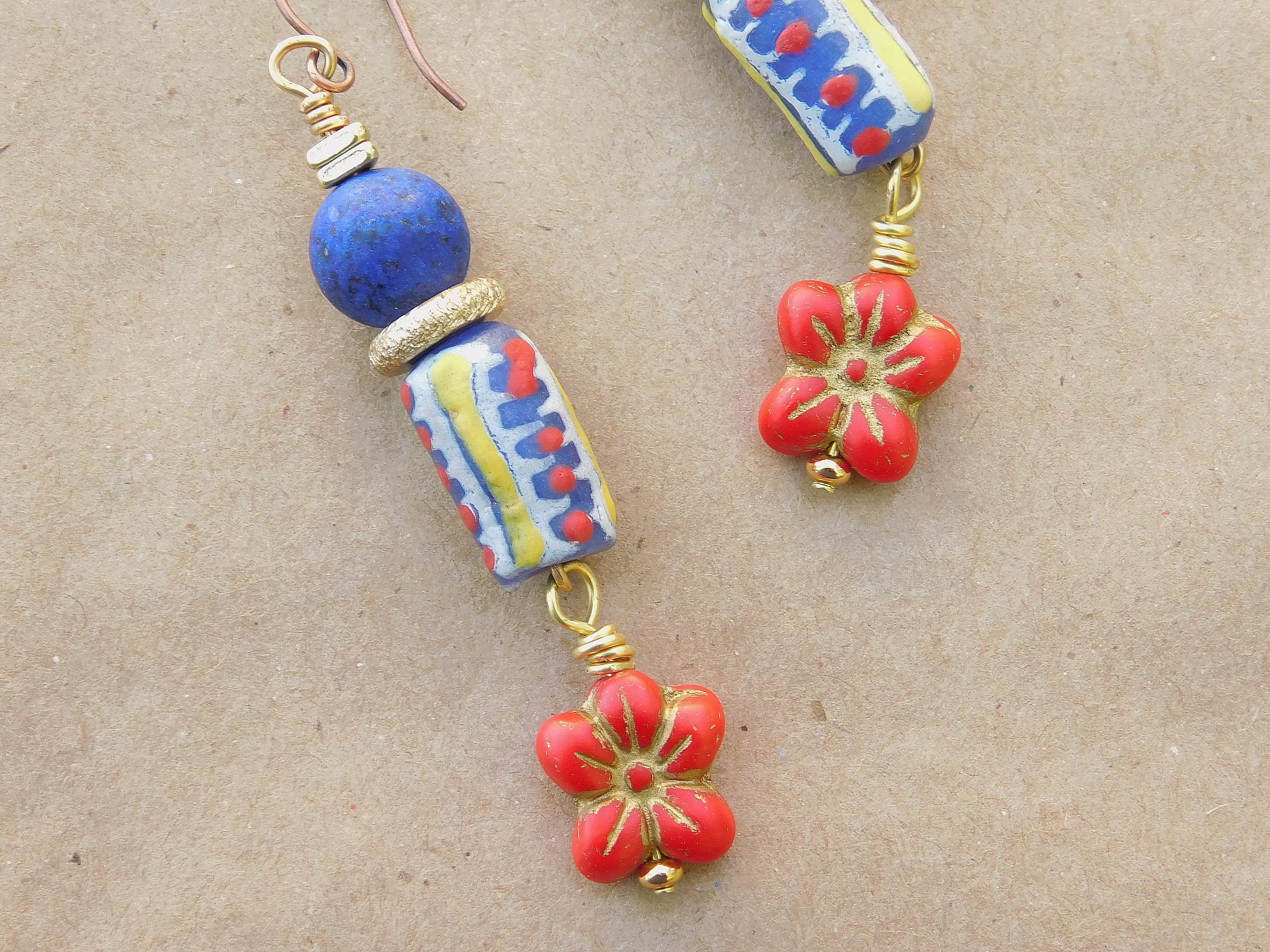 Exotic Krobo and Red Hibiscus Czech Flower Charm Earrings