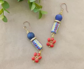 Exotic Krobo and Red Hibiscus Czech Flower Charm Earrings