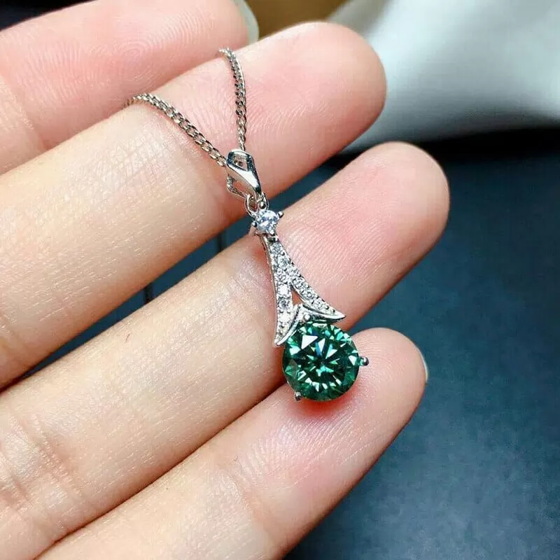 Fashion Moissanite Blue Green Gemstone Pendant Necklace - 925 Sterling Silver