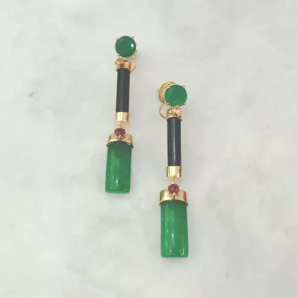 Green Agate Stud with Citrine, Carabao Horn, Tourmaline & Jade Twinset Earrings