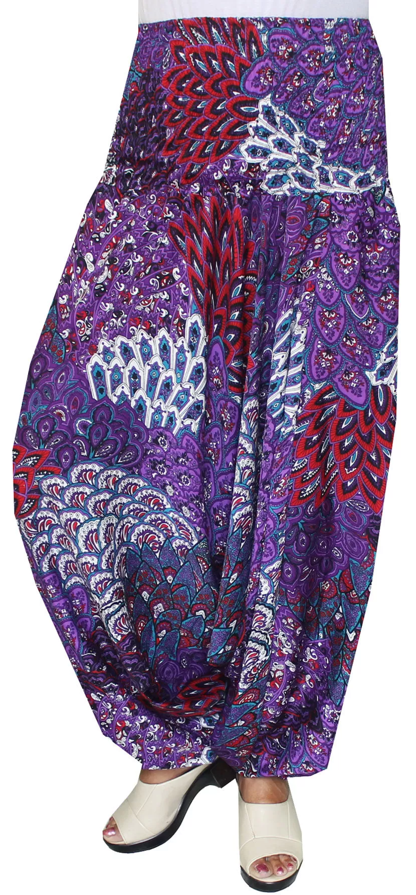 Harem Pants Womens Smocked Waist Hippie Moss Crepe (Purple)