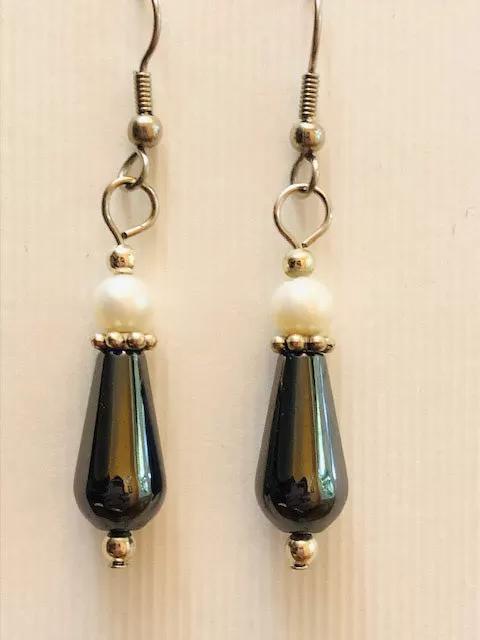 Hematite Teardrop and Cultured Pearl Earrings