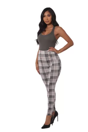 High Waist Sculpting Treggings With Metal Button Waist Detail - Sage, White Plaid