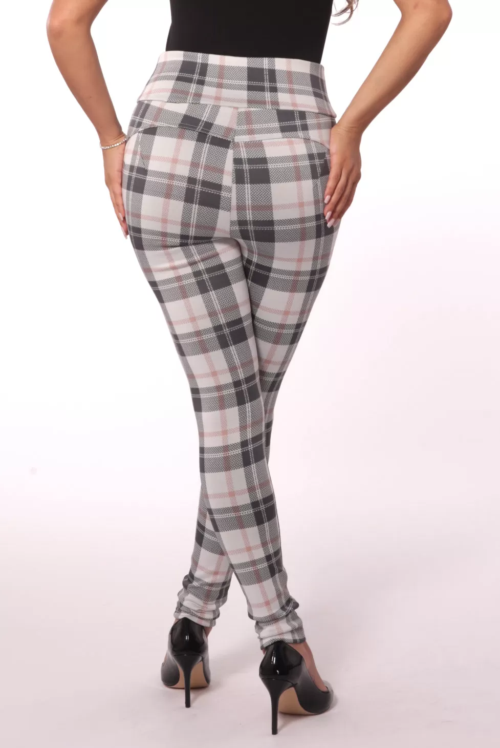 High Waist Sculpting Treggings With Zipper Pocket Trim - Sage & White Plaid