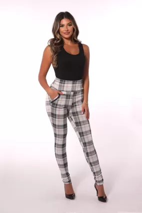 High Waist Sculpting Treggings With Zipper Pocket Trim - Sage & White Plaid