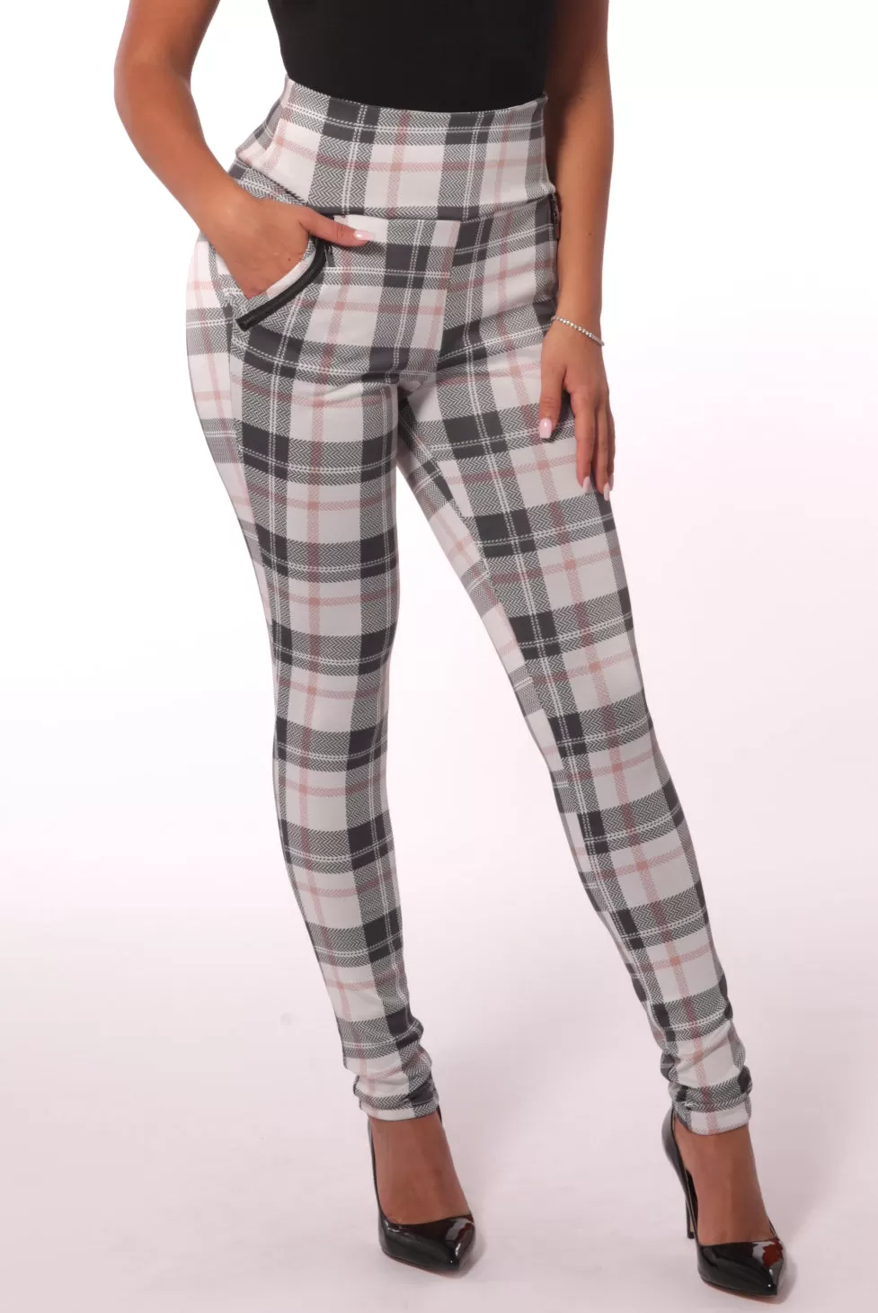 High Waist Sculpting Treggings With Zipper Pocket Trim - Sage & White Plaid