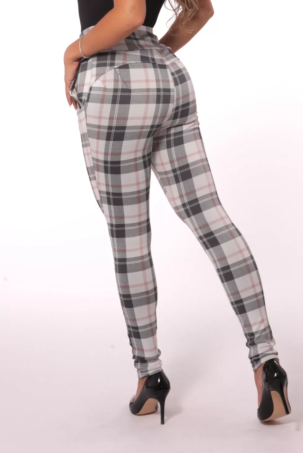 High Waist Sculpting Treggings With Zipper Pocket Trim - Sage & White Plaid