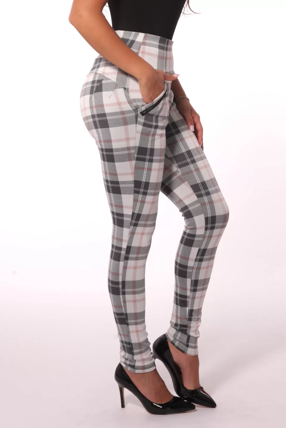 High Waist Sculpting Treggings With Zipper Pocket Trim - Sage & White Plaid