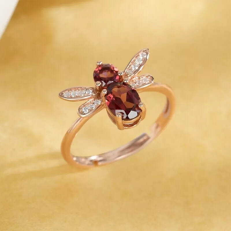 Honey Bee Design Ruby Rose Gold 925 Sterling Silver Resizable Ring