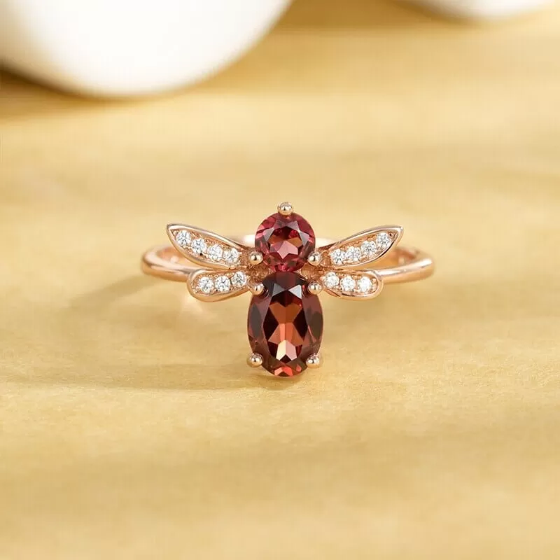 Honey Bee Design Ruby Rose Gold 925 Sterling Silver Resizable Ring