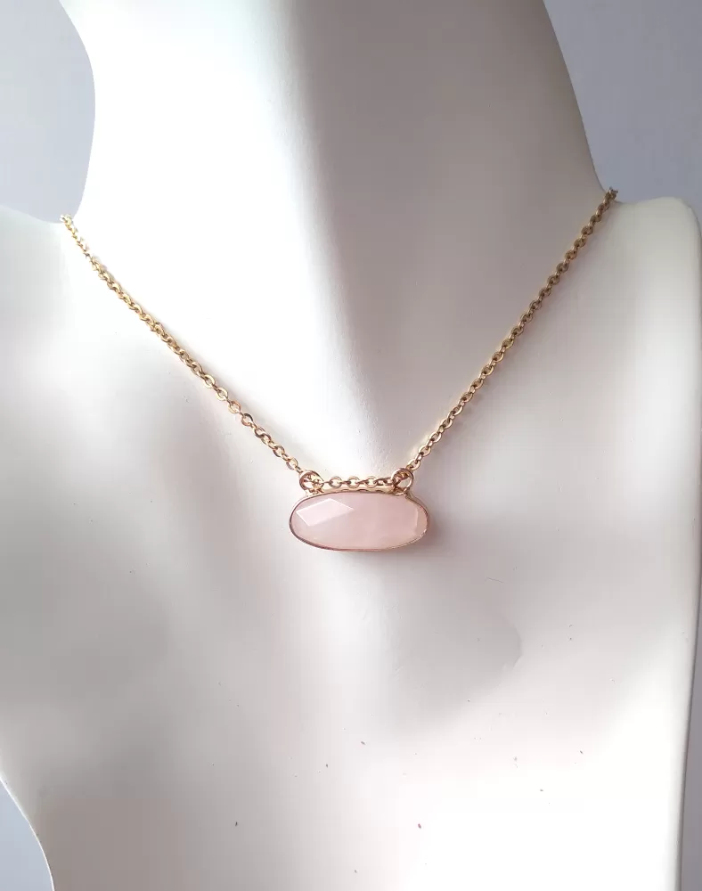 Horizontal Rose Quartz Ellipse Single Stone Gem Drop Pendant