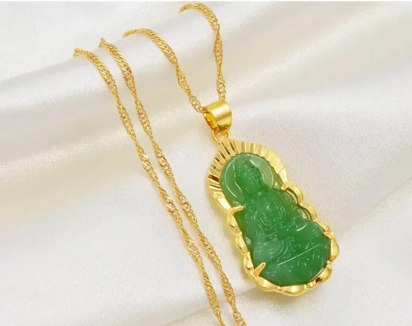 Jade Buddha Necklace / Buddhist Guanyin pendant necklace / 18K gold plated Chinese style amulet / Maitreya pendant gold Necklace Jewelry