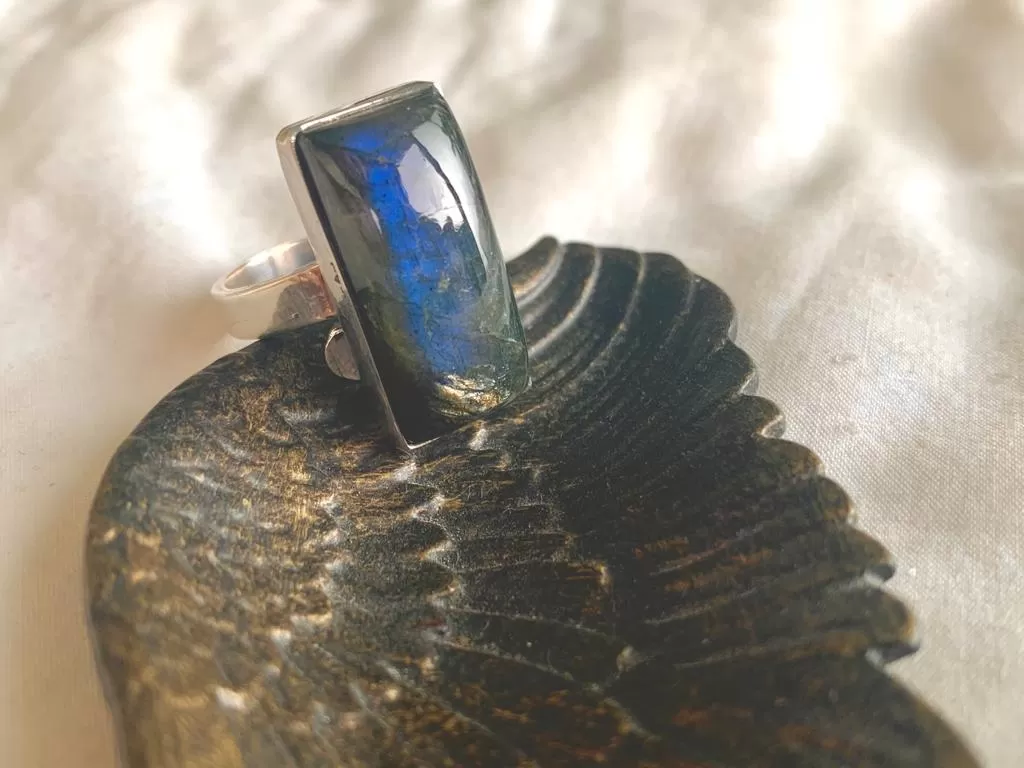 Labradorite Adjustable Akoni Ring - Skinny Rectangle