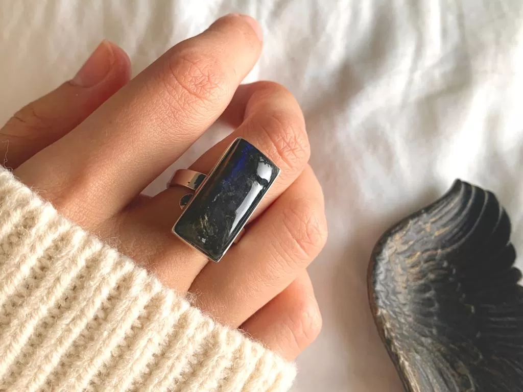 Labradorite Adjustable Akoni Ring - Skinny Rectangle