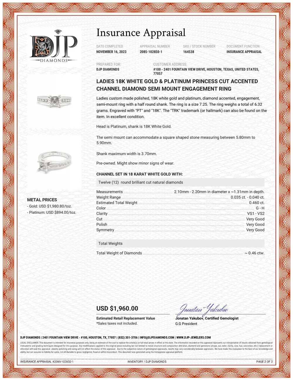 Ladies 18K White Gold & Platinum Princess Cut Accented Channel Diamond Semi Mount Engagement Ring