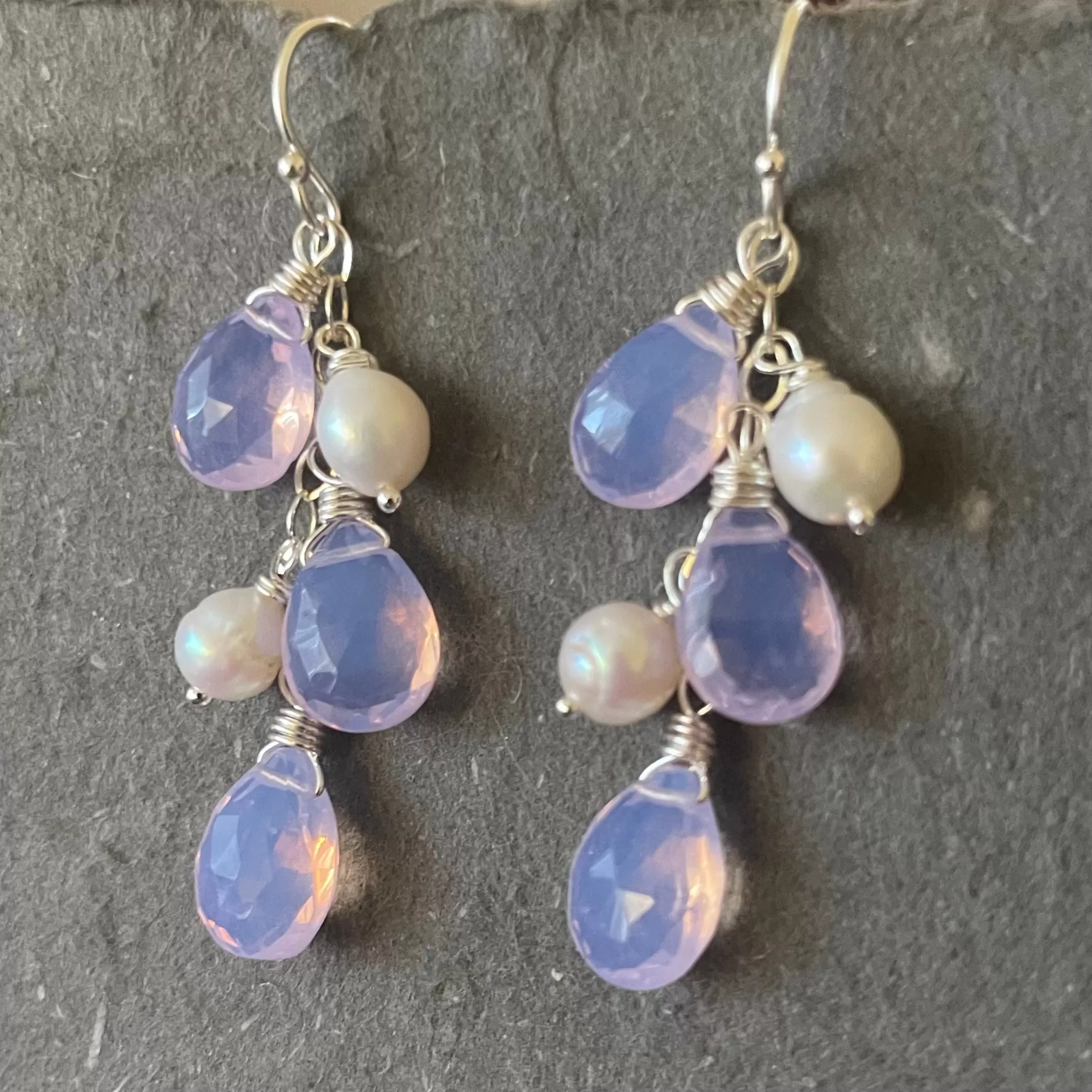 Lavender Opalite Quartz and Pearl Cascade Earrings