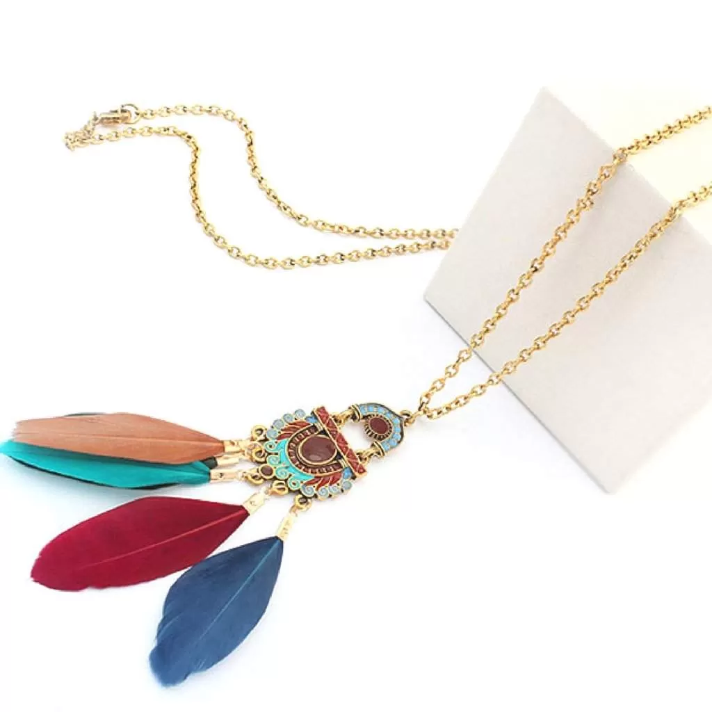 Long Multi Colored Feather Pendant Necklace