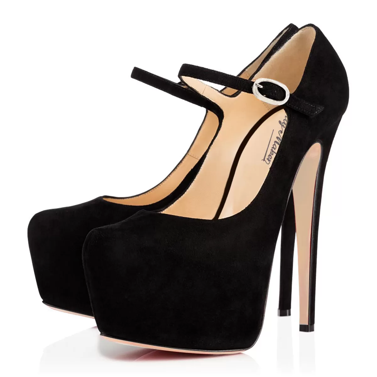 Mary Jane Platform Black Suede Pointed Toe Stiletto High Heels Pumps