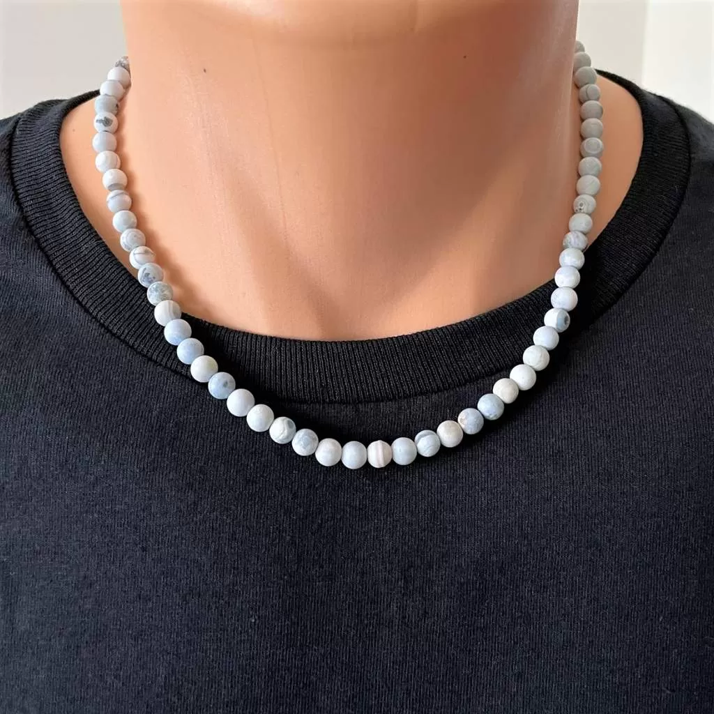 Matte Blue and White Agate Mens Beaded Necklace